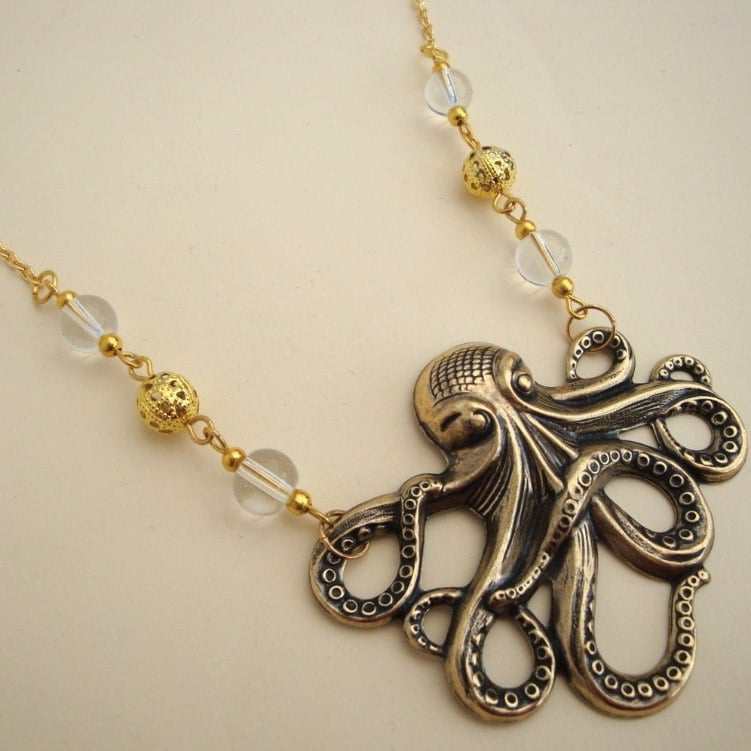 Vintage style octopus necklace in antique gold with beads VN085