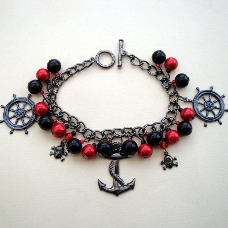 PCB028 Red & black pirate charm bracelet