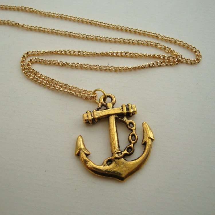 PN085 Gold anchor nautical pirate necklace