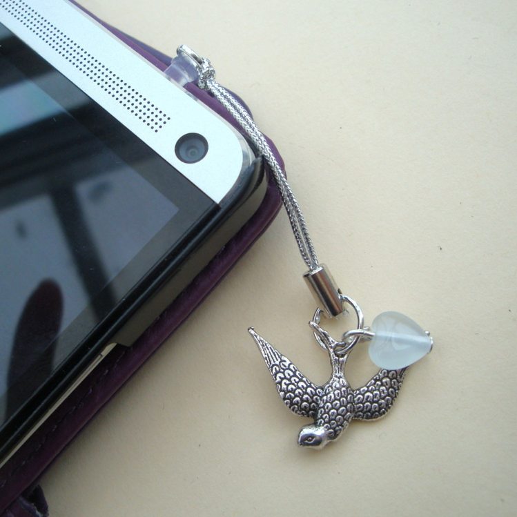 Phone charm, dust plug charm, silver bird and white heart