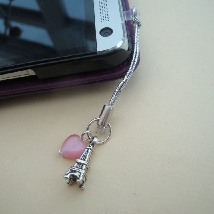 Mobile phone or dust plug charm with Eiffel Tower and pink heart