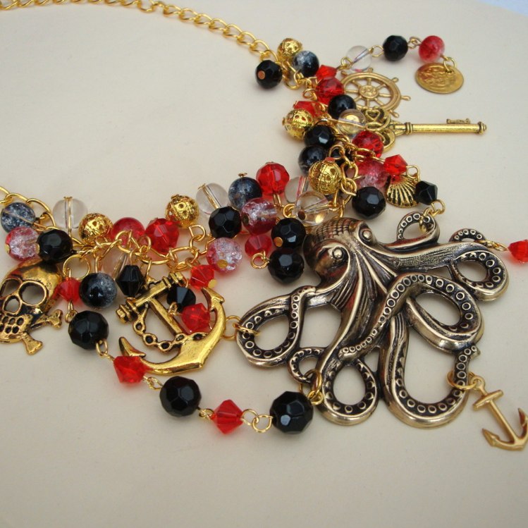 Pirate octopus charm necklace in red, black & gold PN137