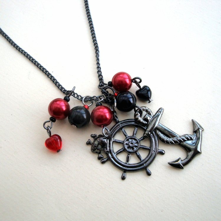 PN027 Red & Black pirate charm necklace
