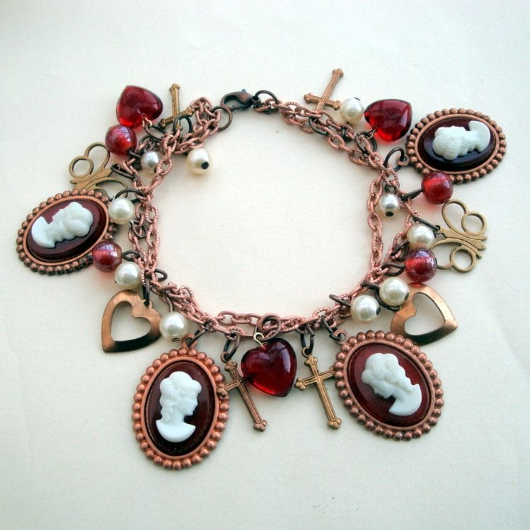 Cameos & Pearls Victorian style Vintage charm bracelet, one off design VCB001