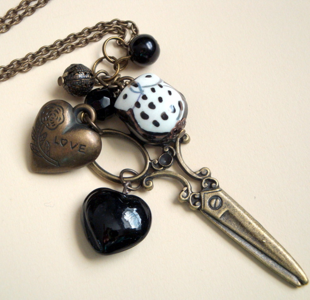 Antique bronze scissors & china owl charm necklace VN062