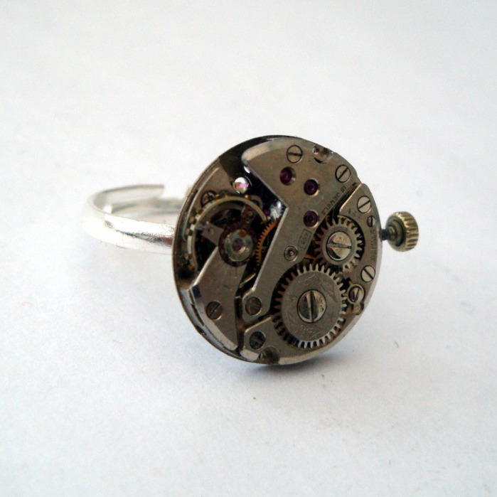 Steampunk ring with watch movement torch soldered on silver base SR065