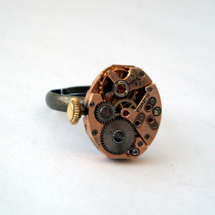 Steampunk ring with torch soldered 21 jewel watch movement SR066