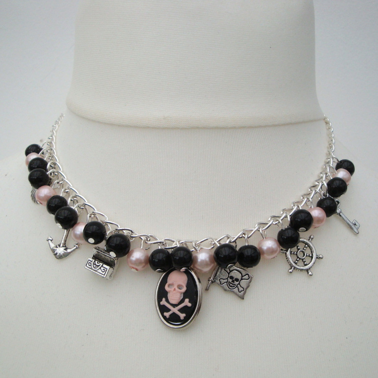 Pirate charm necklace with cameo, pink and black beads PN146