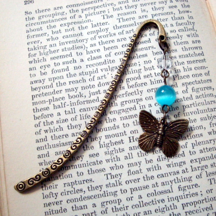Beaded bookmark in turquoise & bronze with butterfly charm BM002