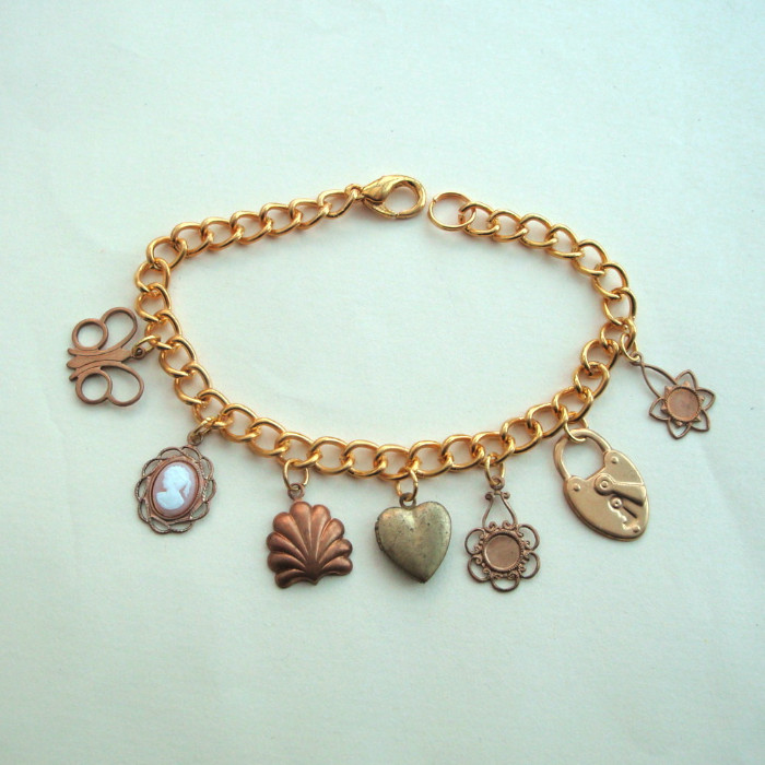 Vintage brass charms bracelet - locket, cameo & butterfly VCB018
