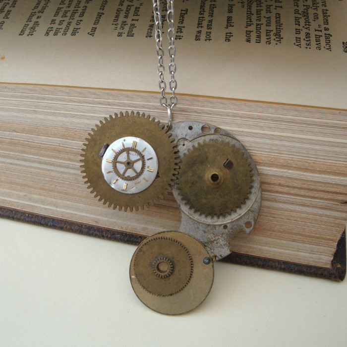 SN011 Steampunk watch parts cogs & gears necklace