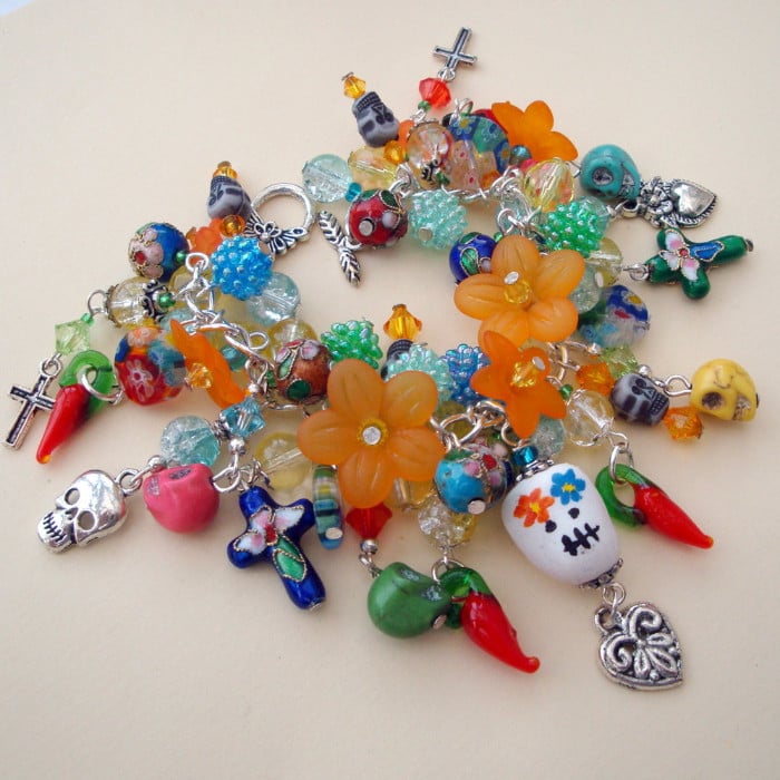 Day of the Dead charm bracelet with handmade sugar skull bead, crosses and chillli peppersCCB055