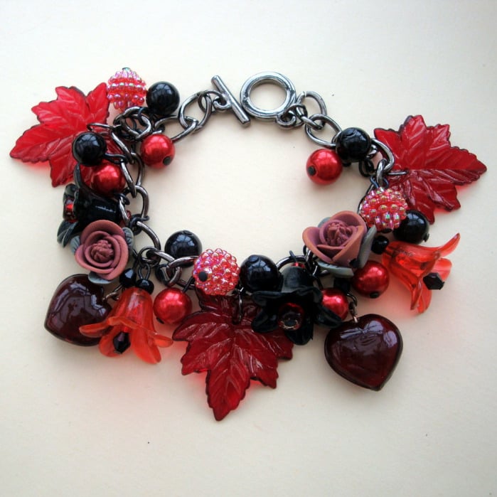 CCB024 Red & Black floral charm bracelet