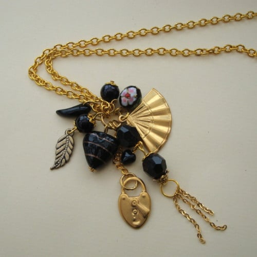 CN025 Black & gold long cluster charm necklace