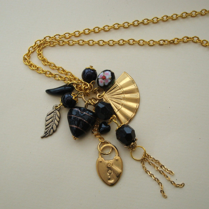Black and gold long cluster charm necklace CN025