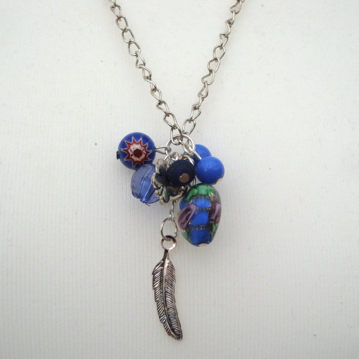 Blue beads & silver charms long cluster charm necklace CN024