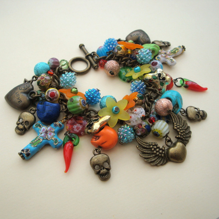 Day of the Dead charm bracelet with skulls crosses and bronze charms  CCB053