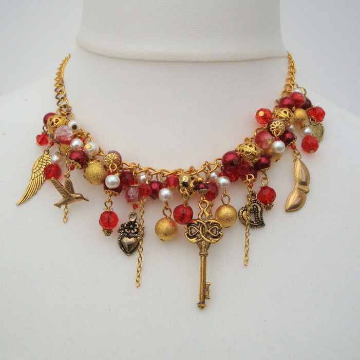 Red and gold vintage statement charm necklace CN079