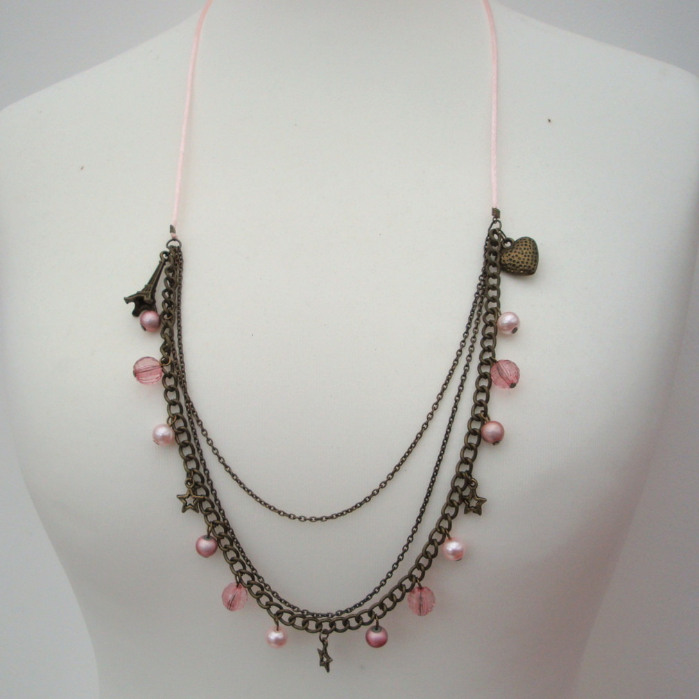 Pink beads & Bronze charms necklace JN003