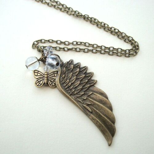 Vintage inspired bronze angel wing necklace with butterfly VN099