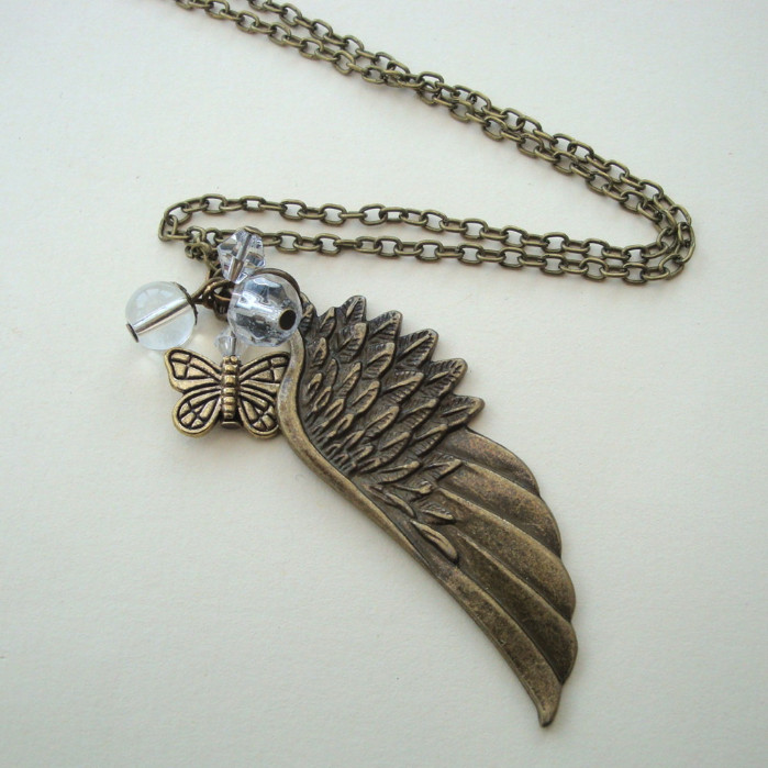 Vintage inspired bronze angel wing necklace with butterfly VN099