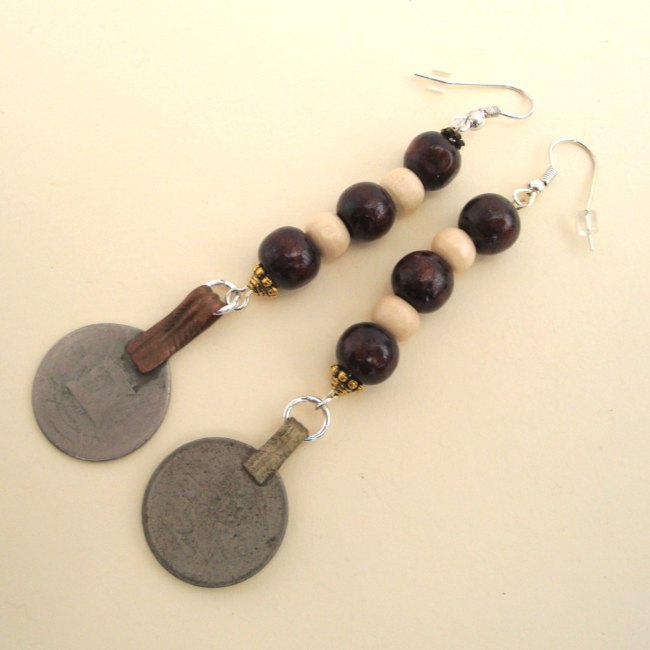 PE033 Wooden beads & coin pirate earrings