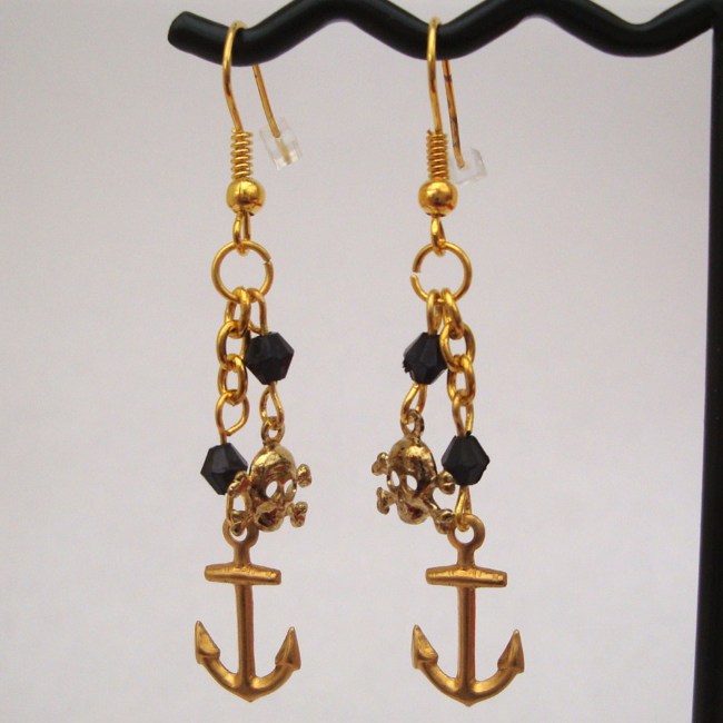 PE026 Pirate anchor + skull & crossbones charm drop earrings 