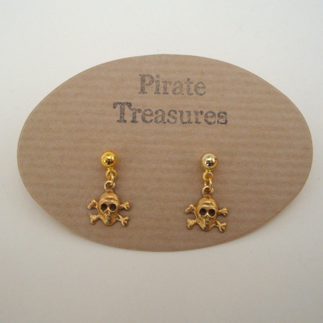 PE010 Gold pirate skull & crossbones earrings