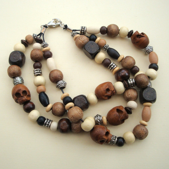Wooden beads & skulls layered bracelet MB002
