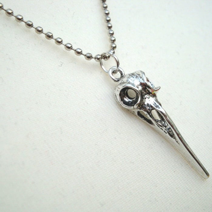 Silver bird skull charm necklace on ball chain MN021