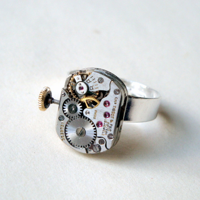 Steampunk ring with vintage Tissot watch movement SR048