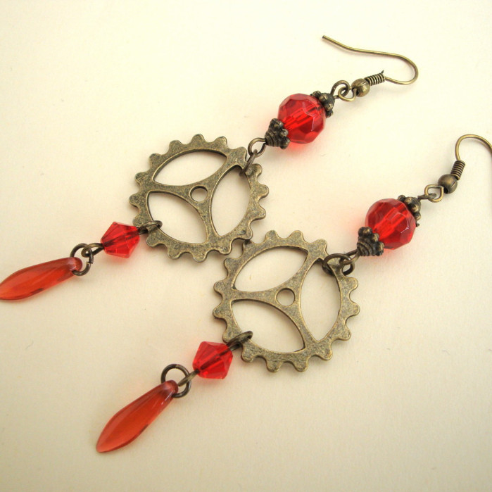 Steampunk cog and red beads earrings SE018