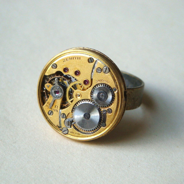 Steampunk ring with vintage Zenith watch movement SR046
