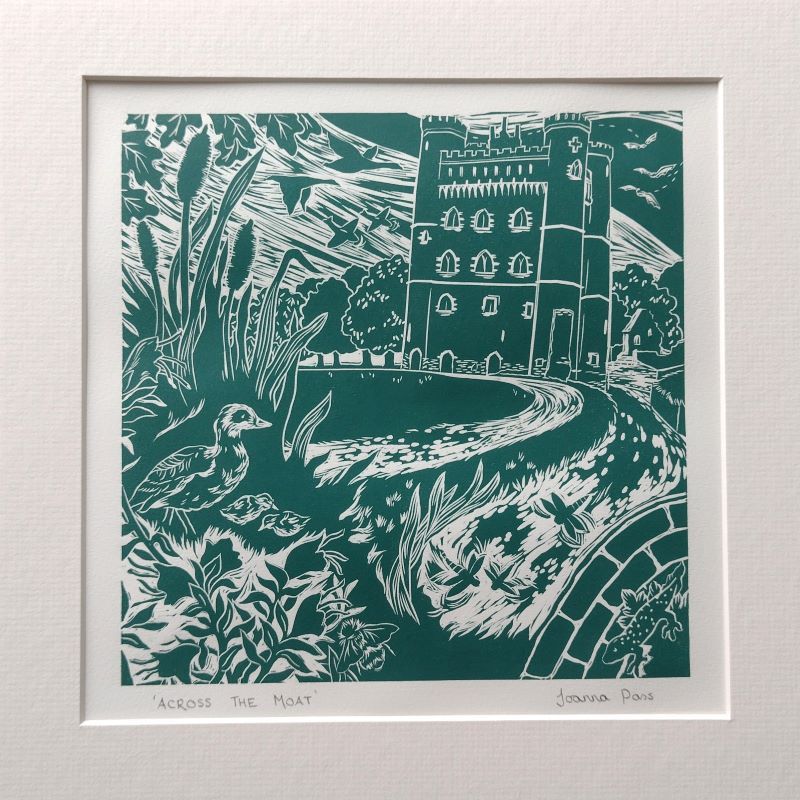 'Across the Moat' Original linocut print (teal colour)