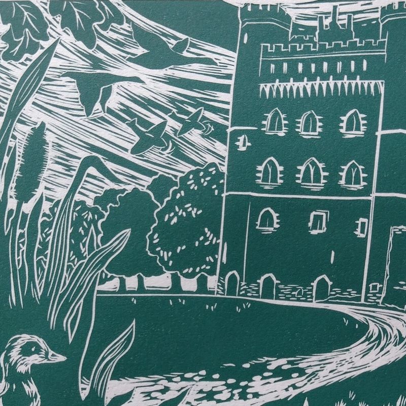 'Across the Moat' Original linocut print (teal colour)