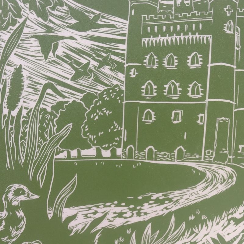 'Across the Moat' Original linocut print (fresh green colour)
