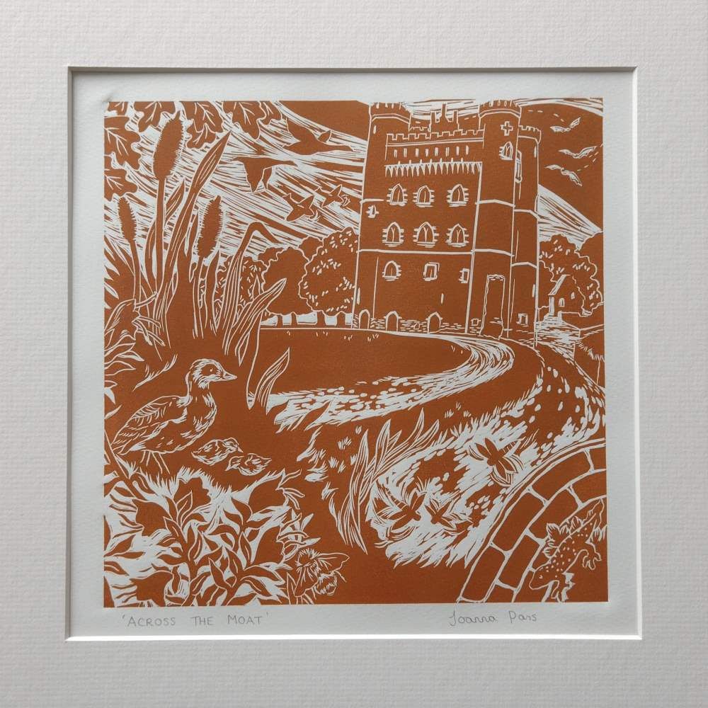 'Across the Moat' Original linocut print (brick orange colour)