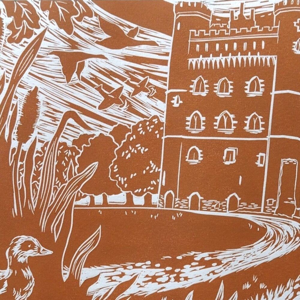 'Across the Moat' Original linocut print (brick orange colour)