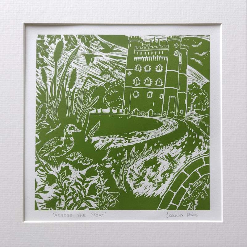 'Across the Moat' Original linocut print (fresh green colour)