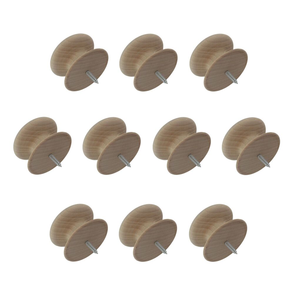 Pack of Ten 53mm Beech Antique Style Knobs with a Dowel Screw