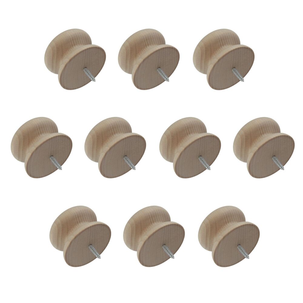Pack of Ten 53mm Beech Victorian Knobs with a Dowel Screw