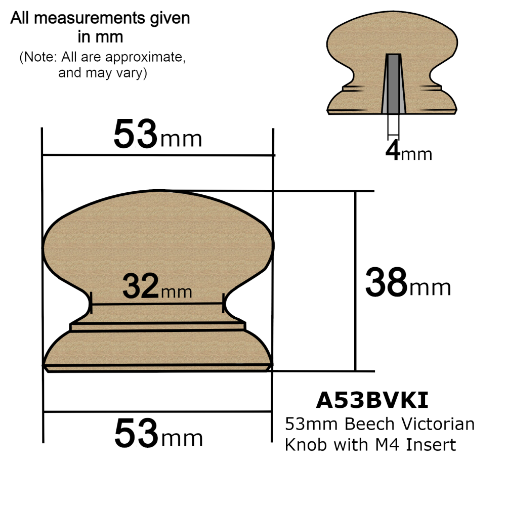 Pack of Ten 53mm Beech Victorian Style Knobs with a 4mm Insert