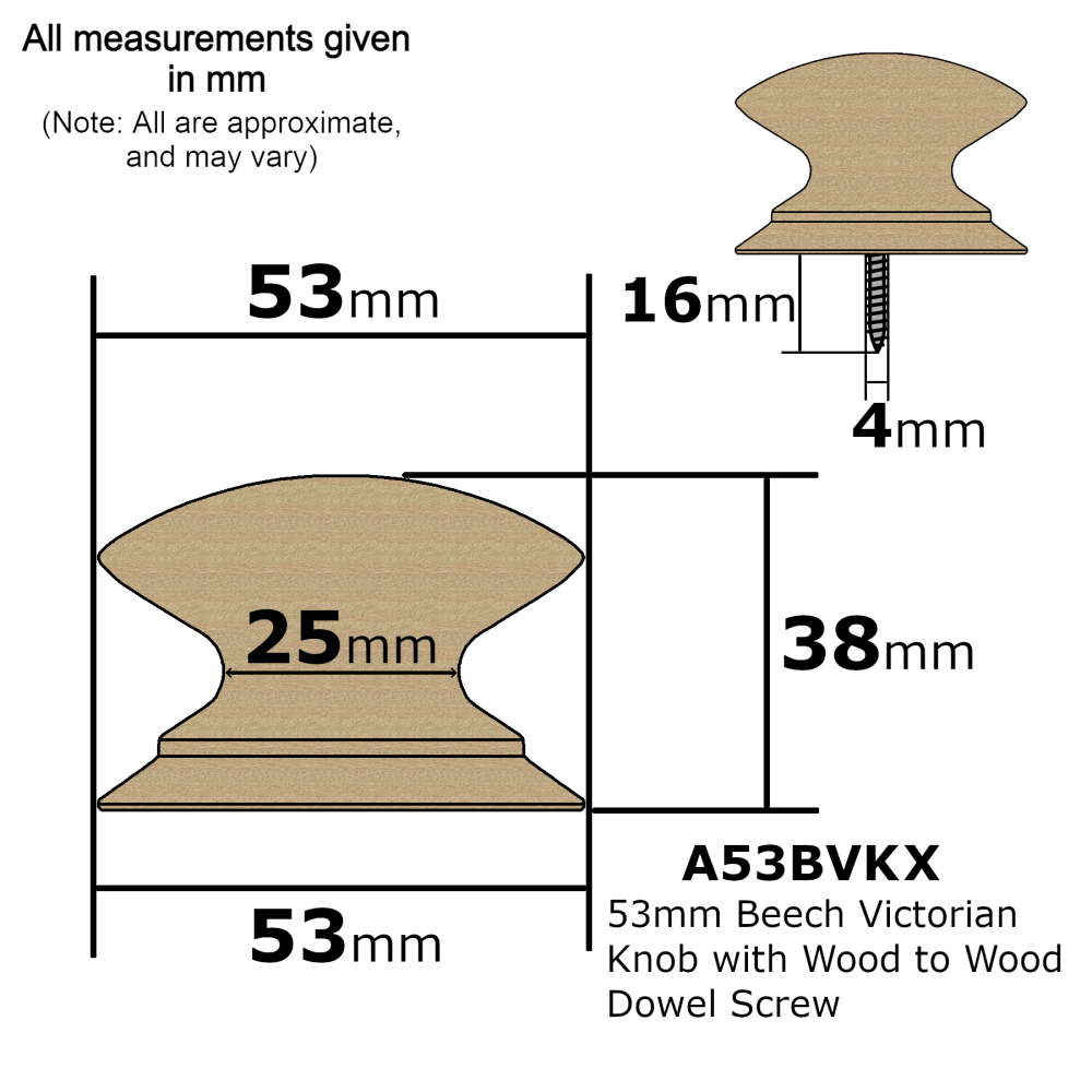 Pack of Ten 53mm Beech Contemporary Style Knobs with a Dowel Screw