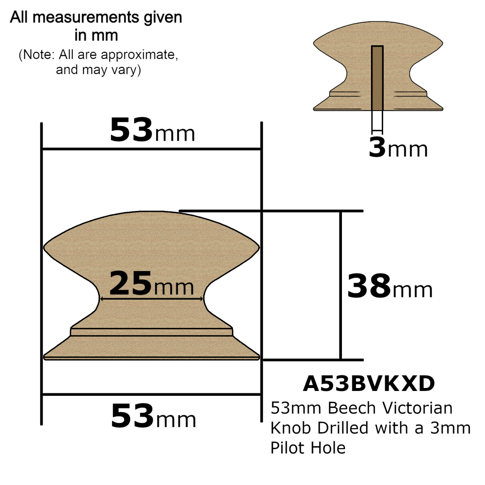 Pack of Ten 53mm Beech Contemporary Style Knobs with a 3mm pilot hole.