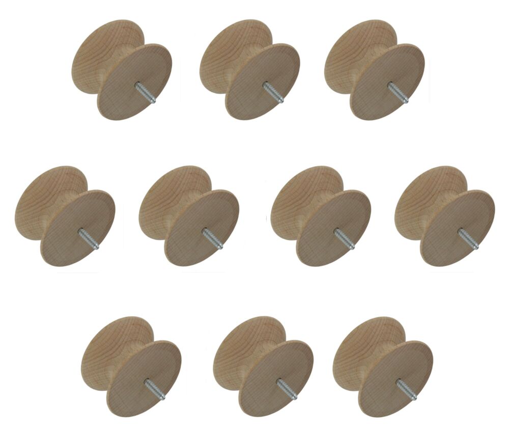 53mm Pack of Ten Beech Contemporary Style Knobs with a Dowel Screw