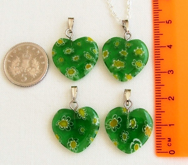 Green Heart Millefiori Glass Pendant: Silver Plated Necklace