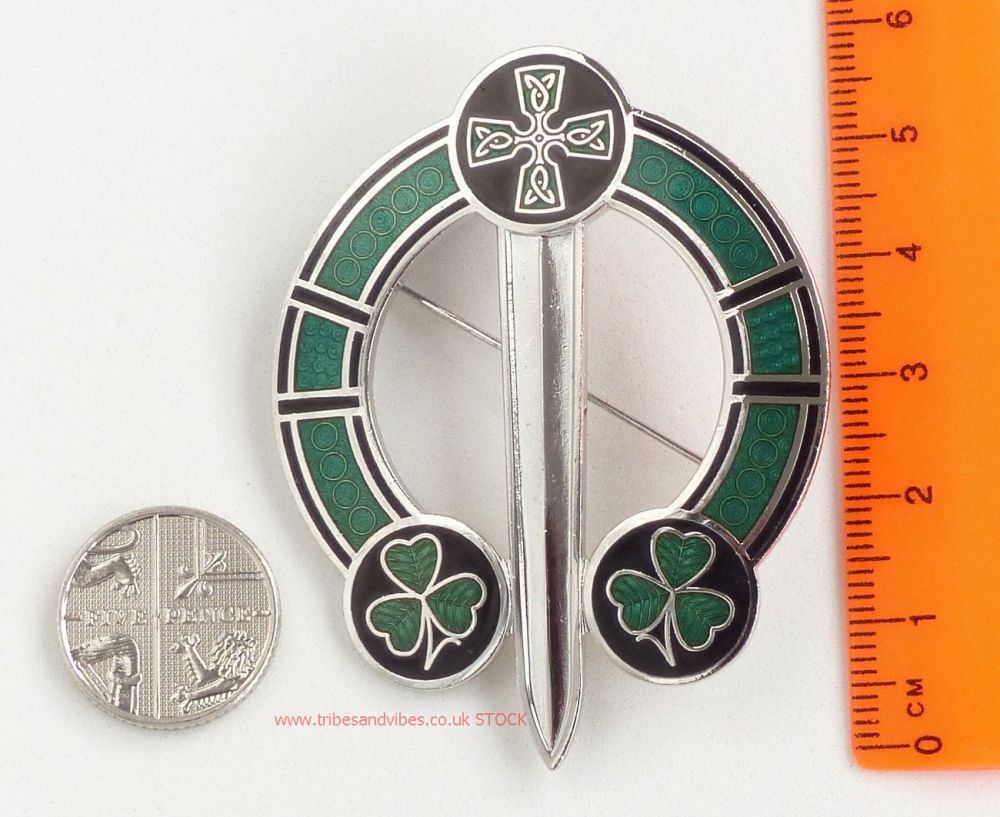Irish Shamrock & Celtic Cross Tara Brooch by Sea Gems, 57mm
