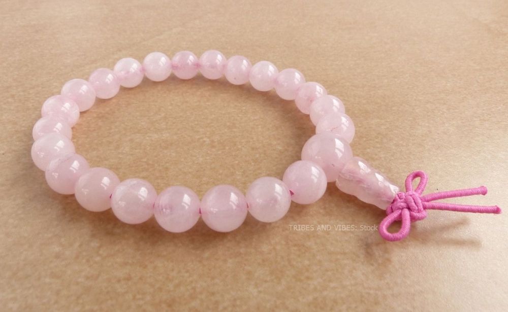 Rose Quartz Bracelet Crystal Power Beads Mala fancy knot (stock)