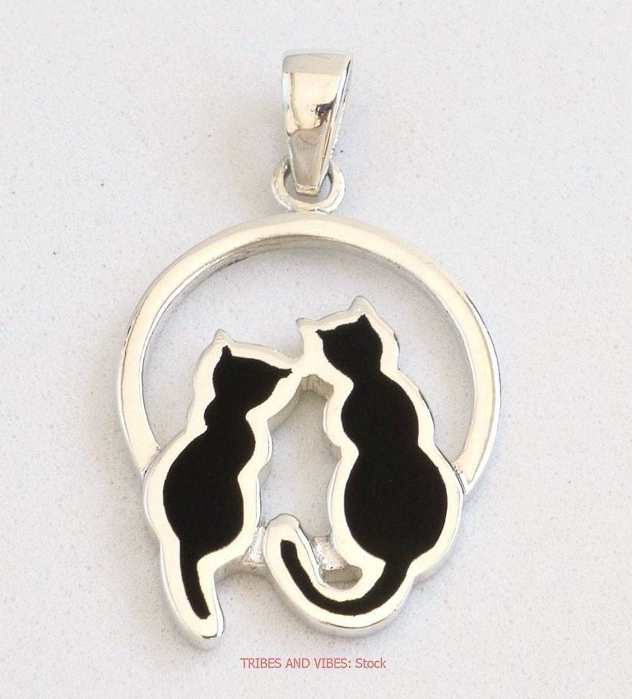 Two Black Cats Pendant 925 Sterling Silver (stock)