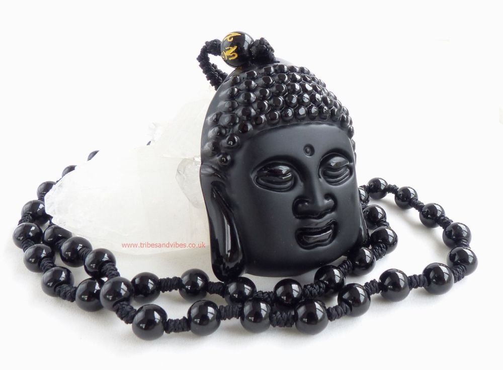 Obsidian (Black) Buddha Head beaded Necklace Om Mani Padme Hum Bead